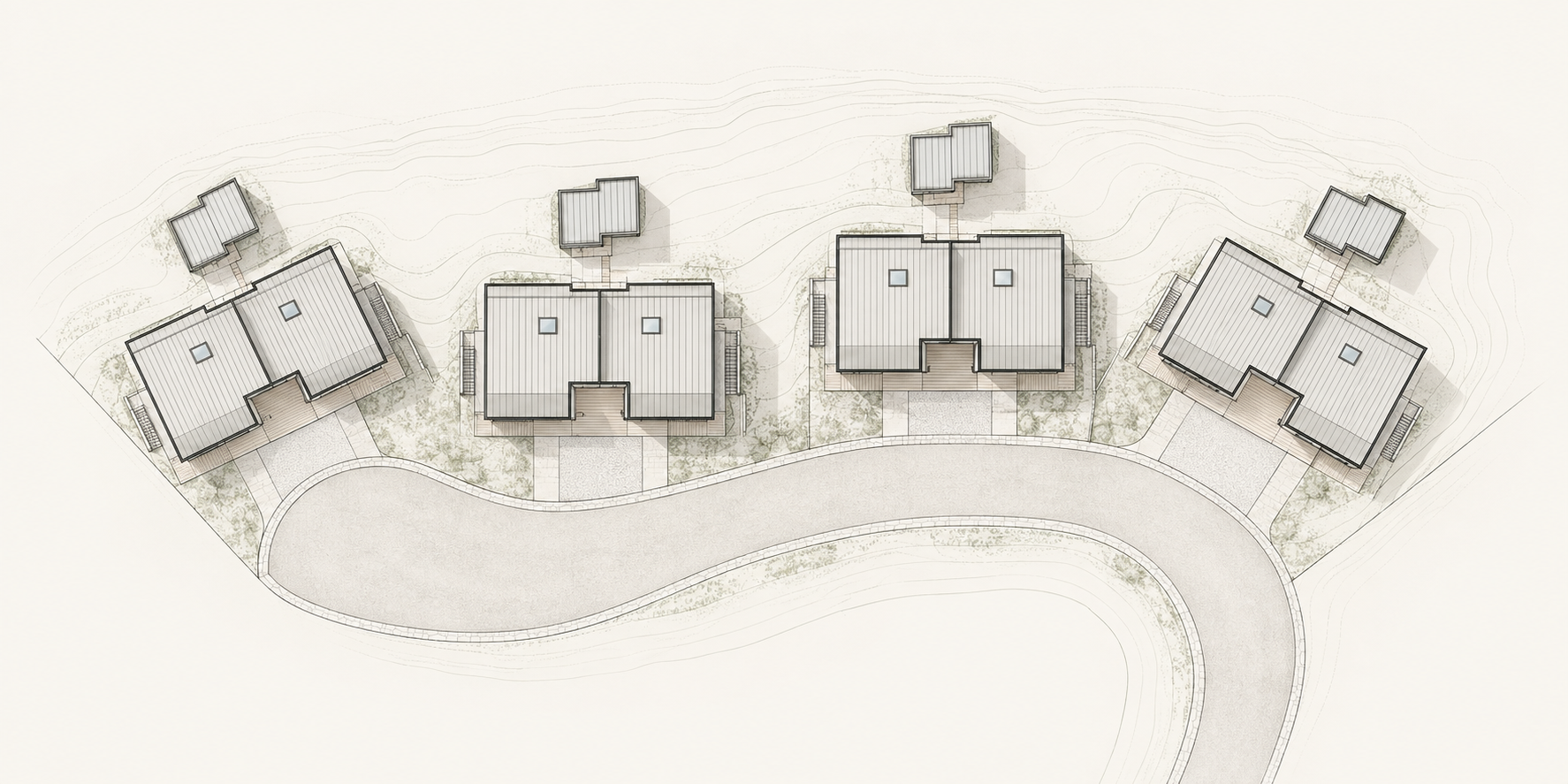 Illustrated plan showing four paired buildings along a curving access road