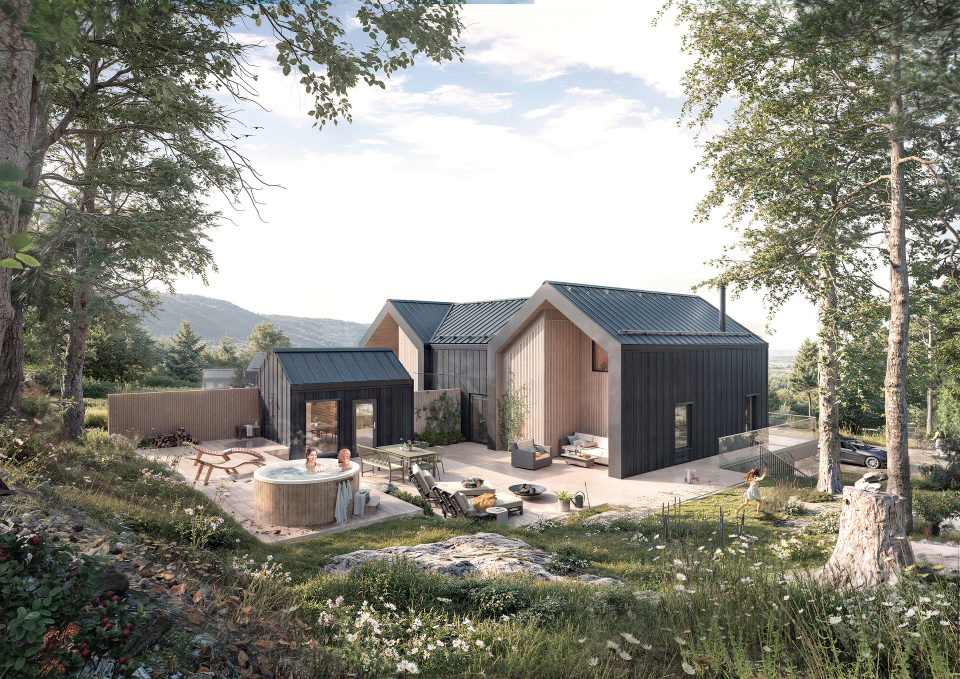 Architectural visualisation of Fjäll Residences — summer outdoor living