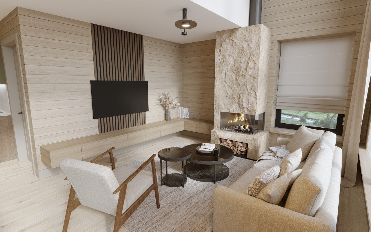 Architectural visualisation of the Nordic Nest interior — living room and fireplace