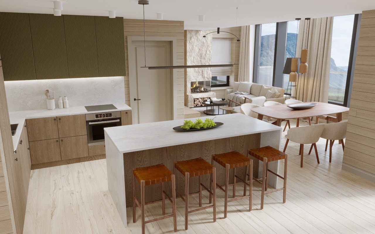 Architectural visualisation of the Nordic Nest interior — kitchen, dining and living area