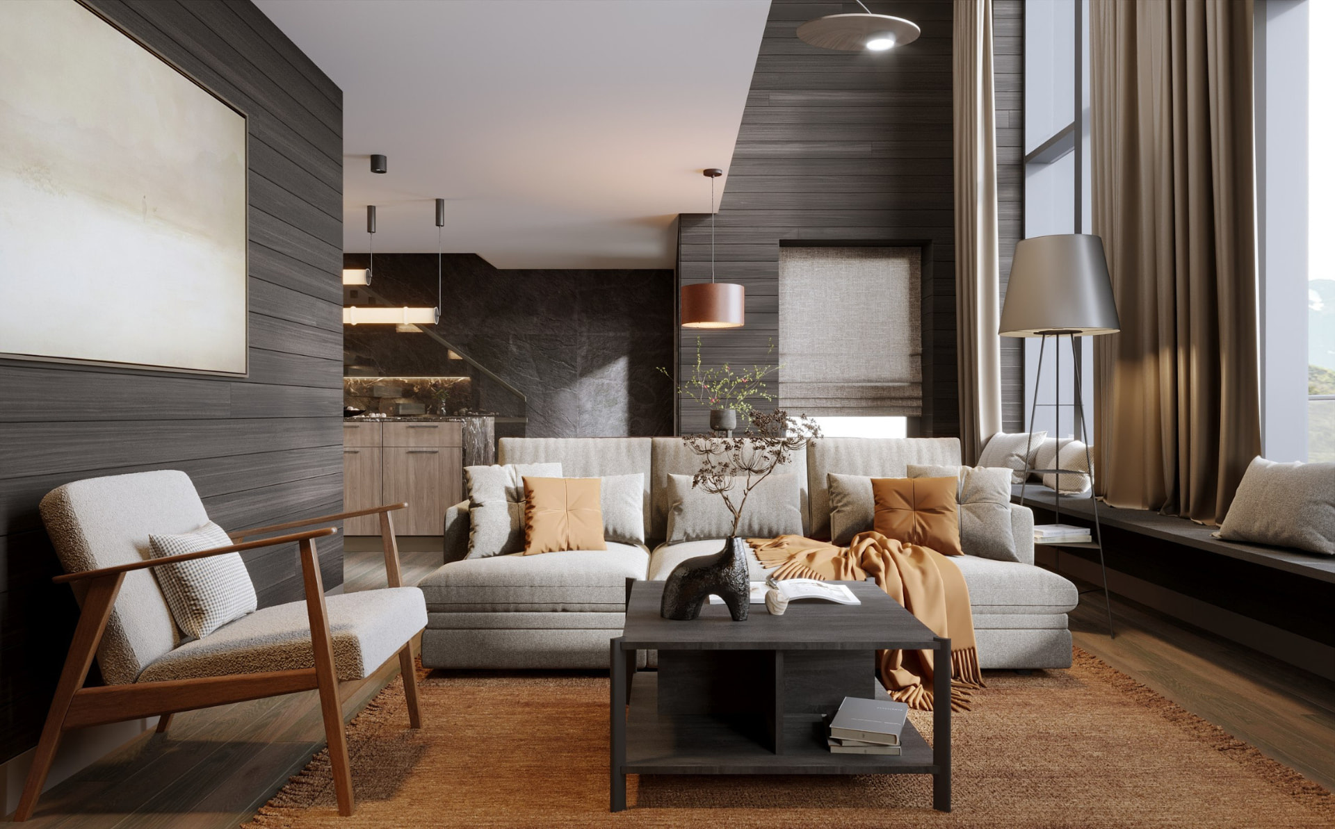 Architectural visualisation of the Fjäll Chic interior — living room and mountain glazing