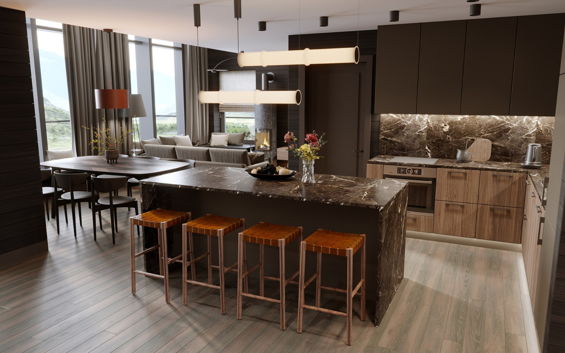 Architectural visualisation of the Fjäll Chic interior — dark stone kitchen and dining area