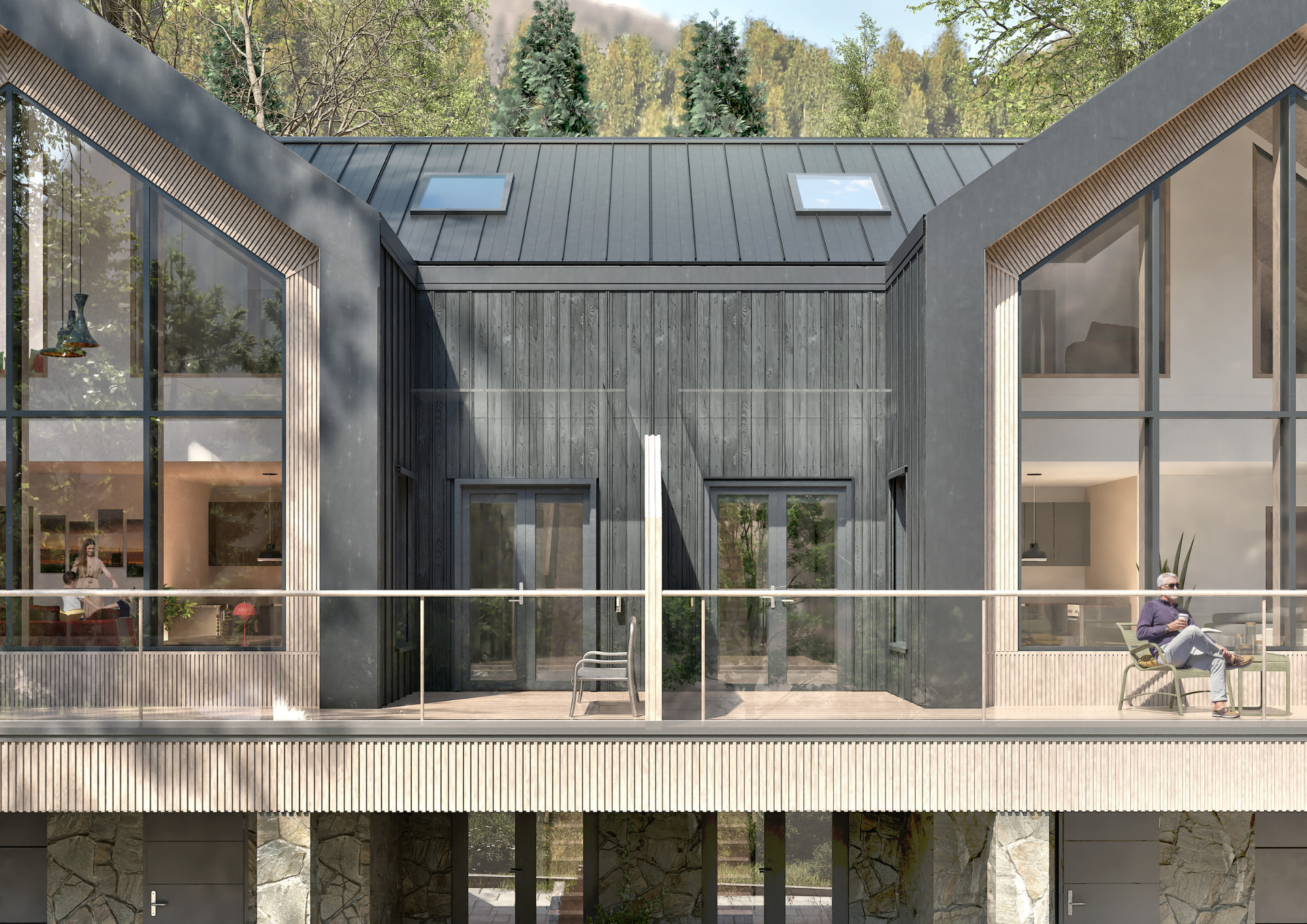 Architectural visualisation of Fjäll Residences — paired front facades