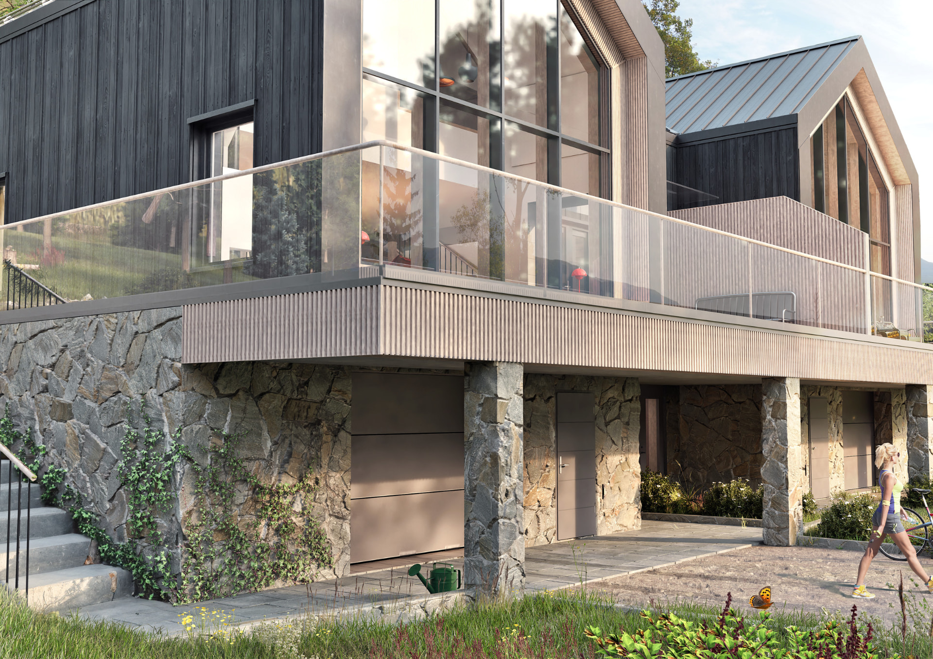 Architectural visualisation of Fjäll Residences — garage and balcony
