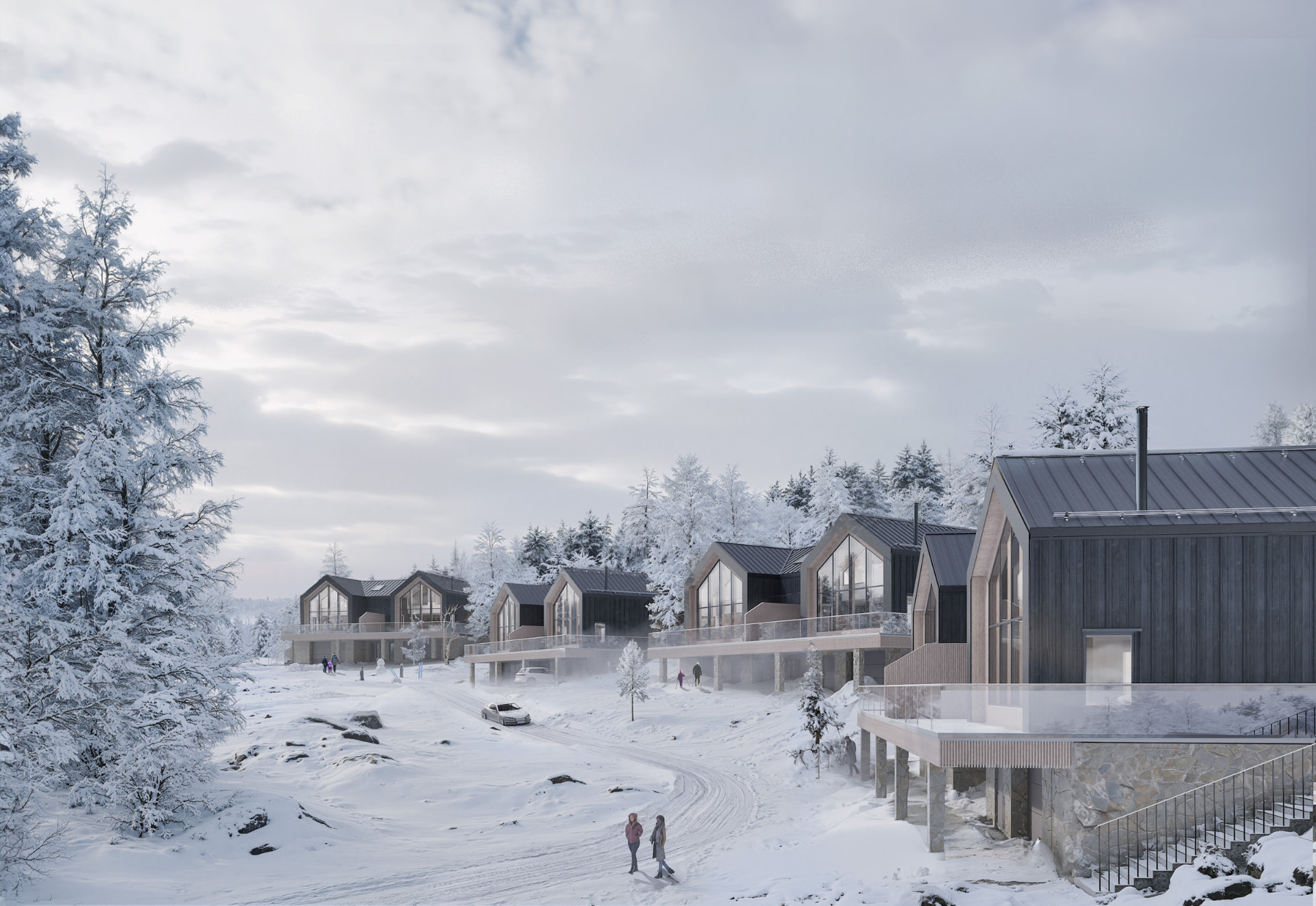 Architectural visualisation of Fjäll Residences — winter development alternate