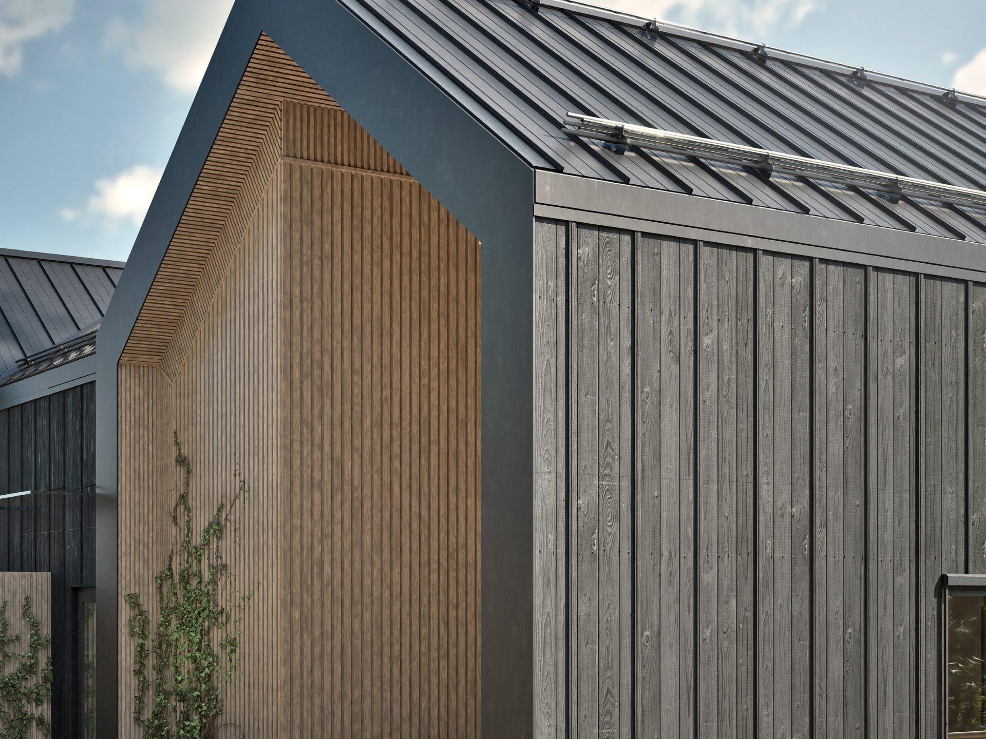 Architectural visualisation of Fjäll Residences — gable detail close-up
