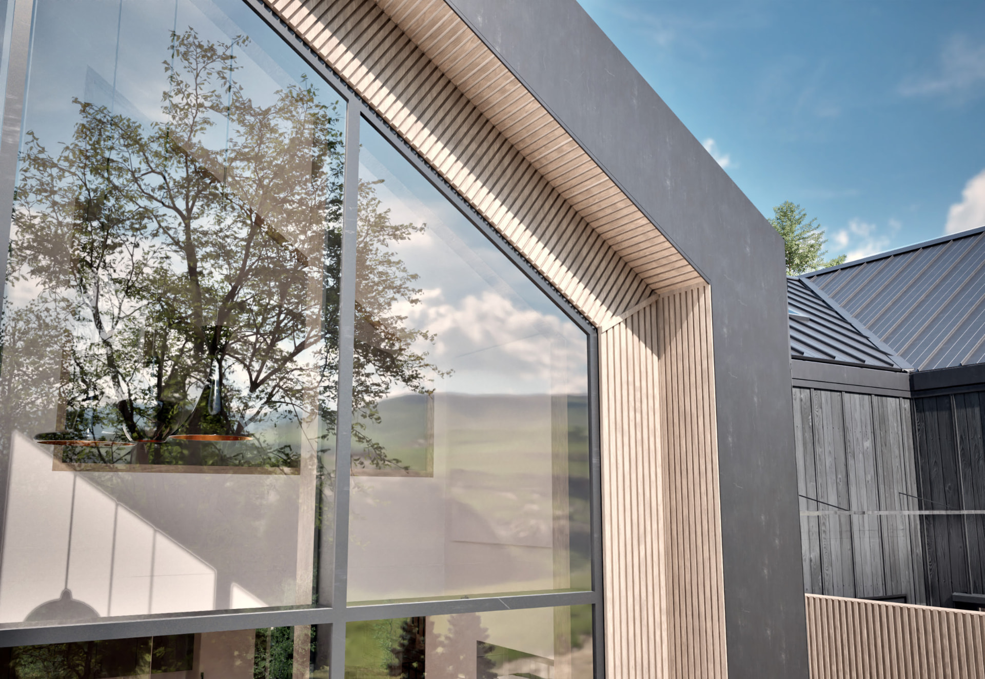 Architectural visualisation of Fjäll Residences — gable glazing detail