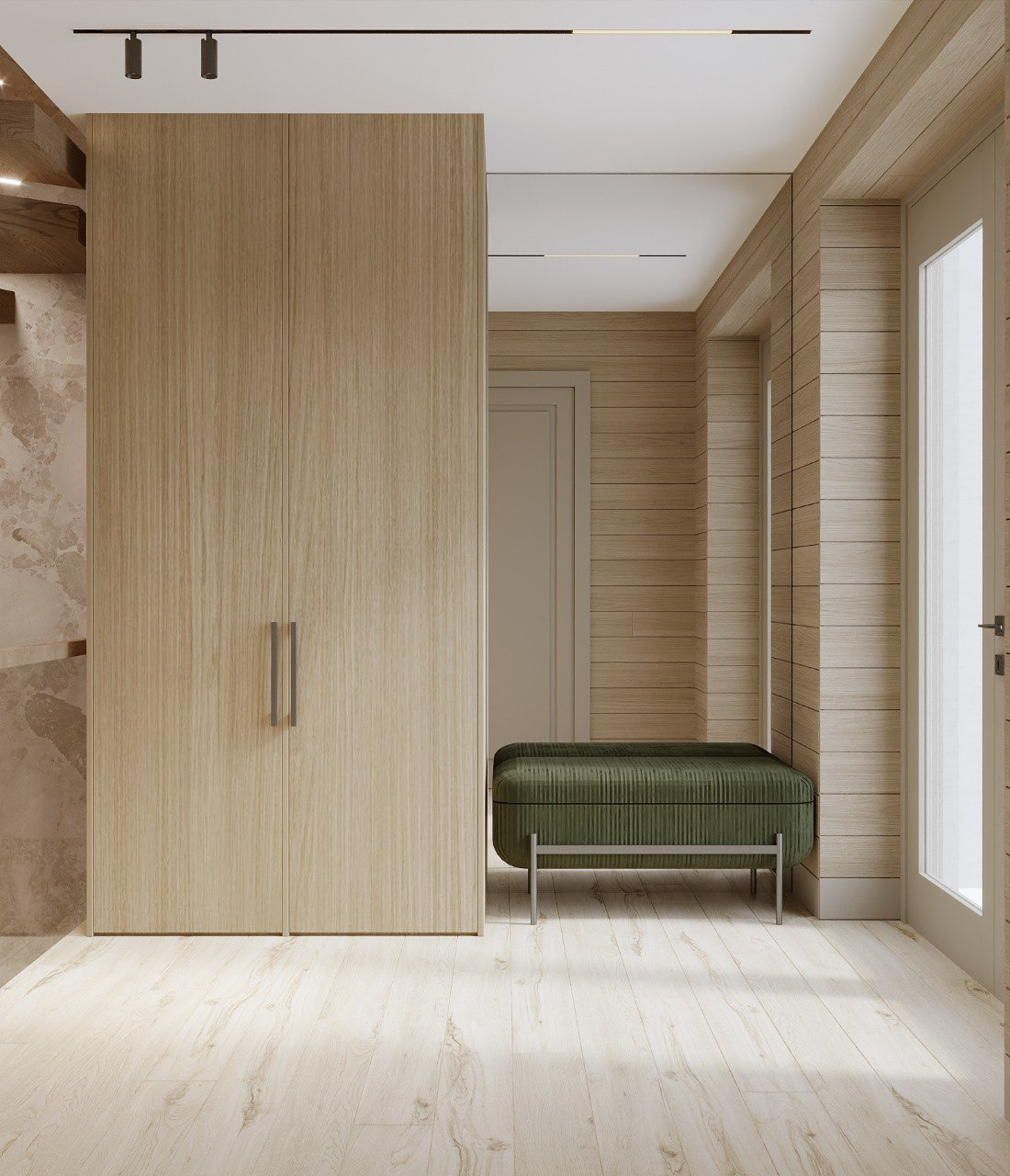 Architectural visualisation of the Nordic Nest interior — entrance joinery