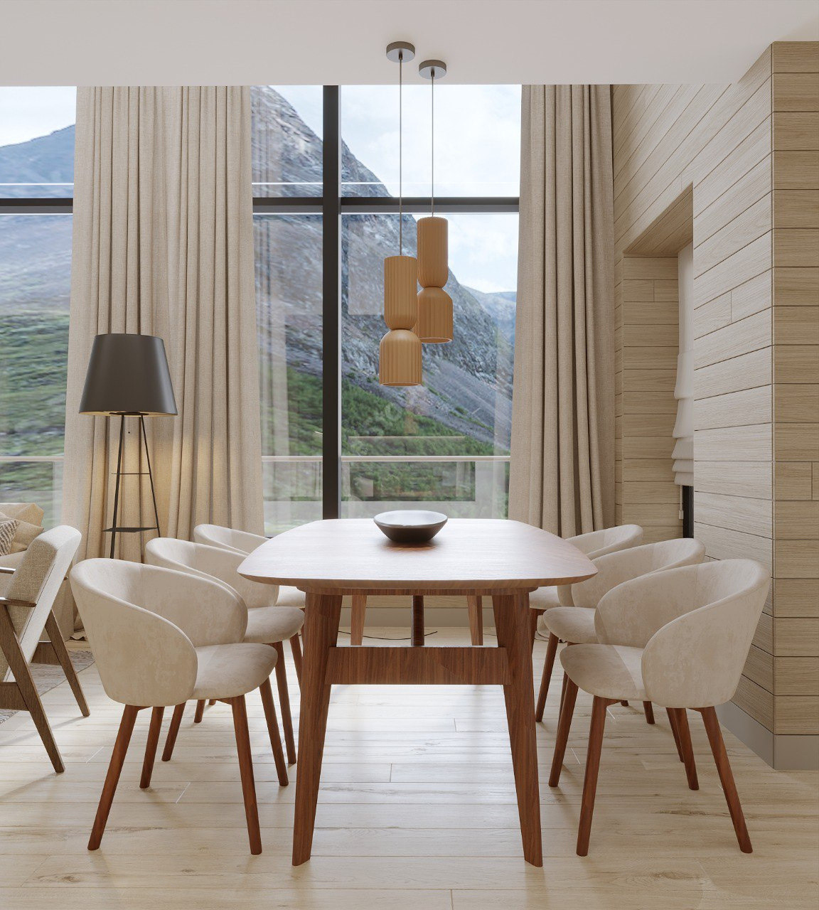 Architectural visualisation of the Nordic Nest interior — dining corner