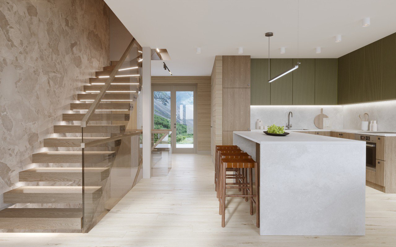 Architectural visualisation of the Nordic Nest interior — staircase and kitchen