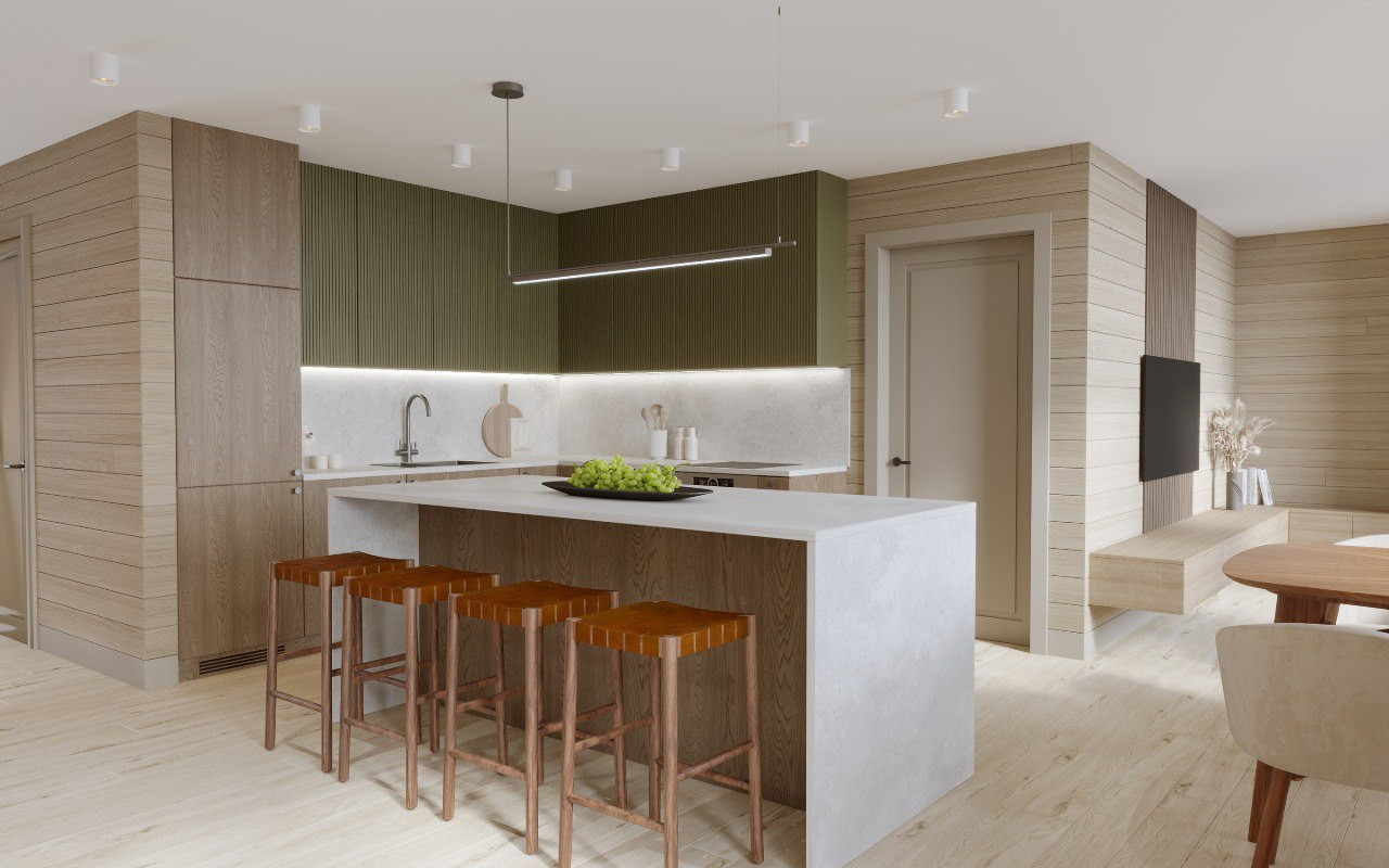 Architectural visualisation of the Nordic Nest interior — kitchen island