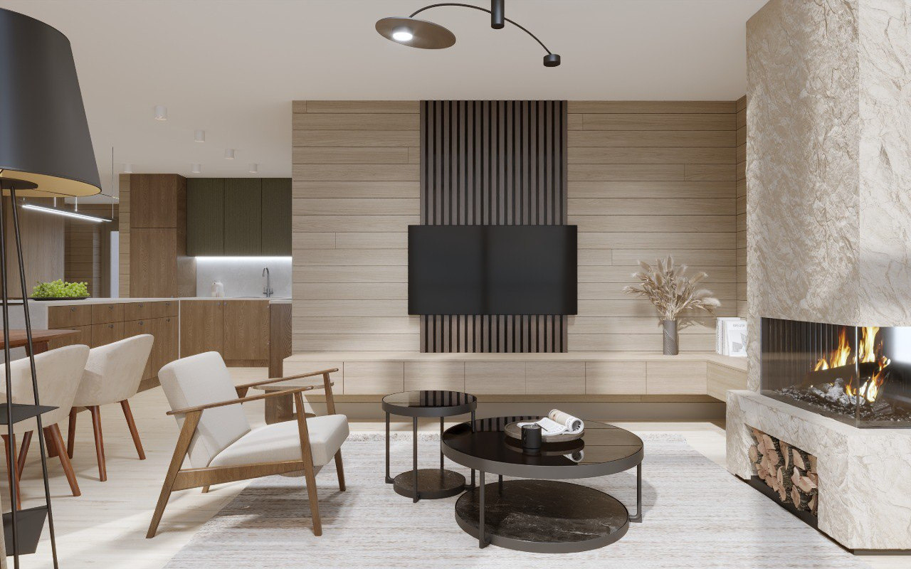 Architectural visualisation of the Nordic Nest interior — living room media wall