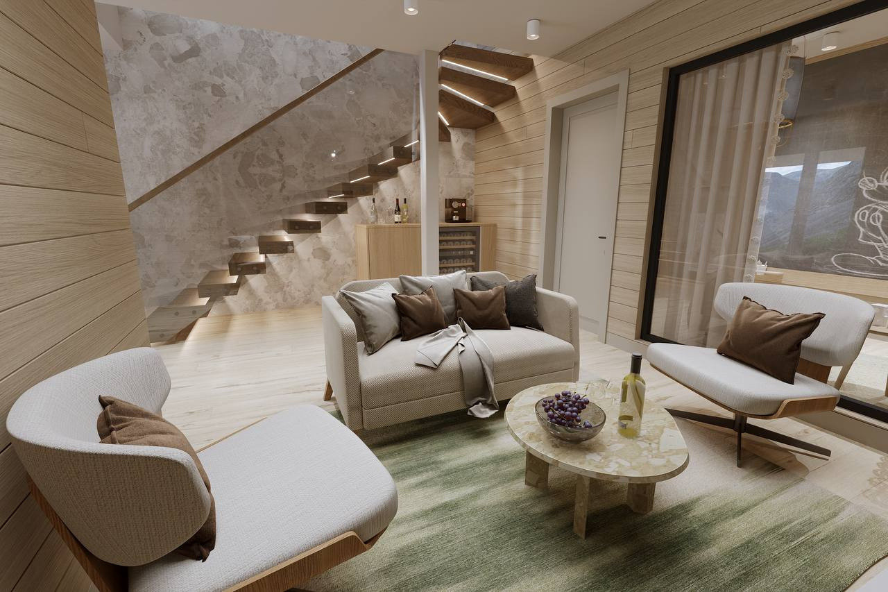 Architectural visualisation of the Nordic Nest interior — lower lounge and stair