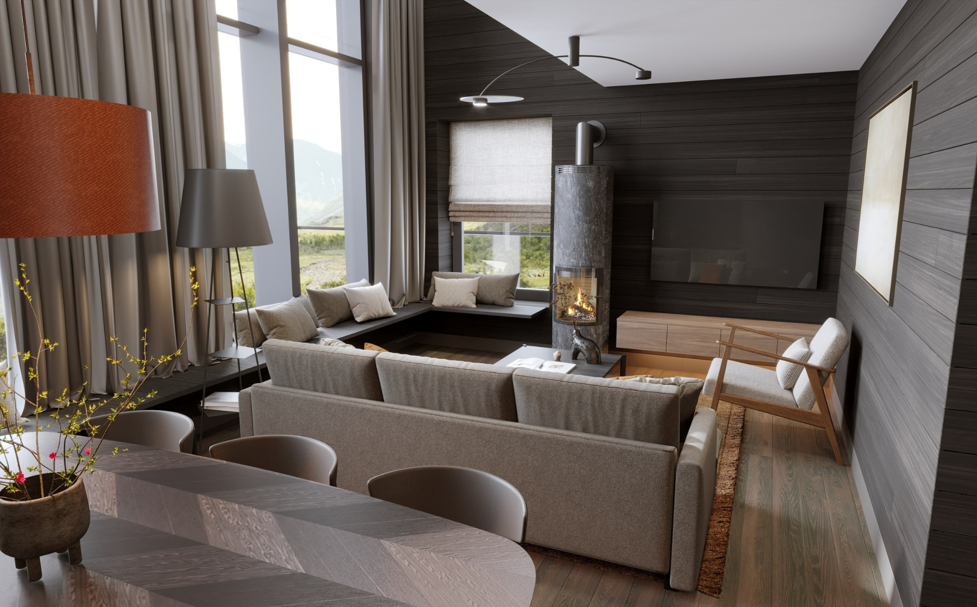 Architectural visualisation of the Fjäll Chic interior — living room and fireplace