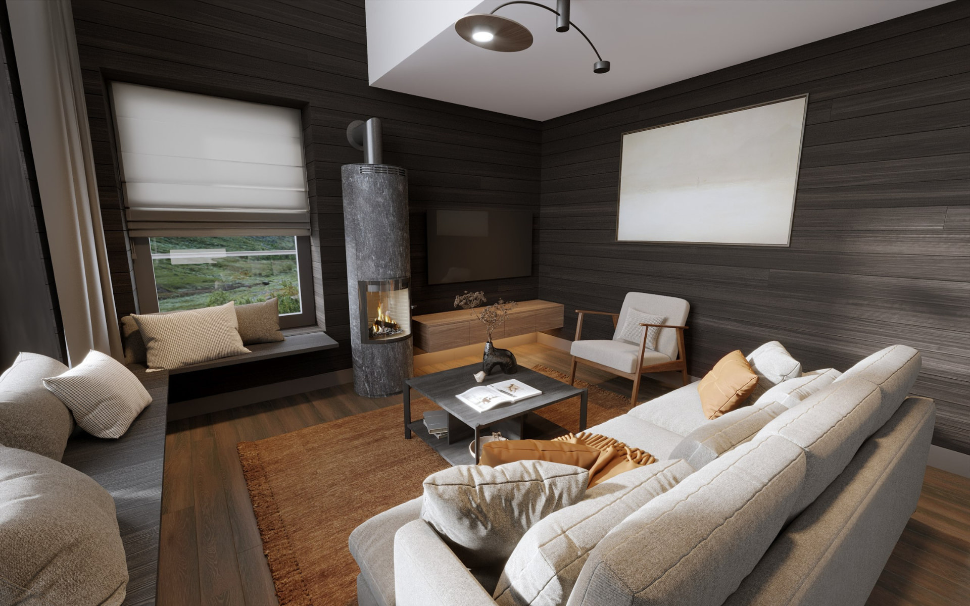 Architectural visualisation of the Fjäll Chic interior — living room alternate
