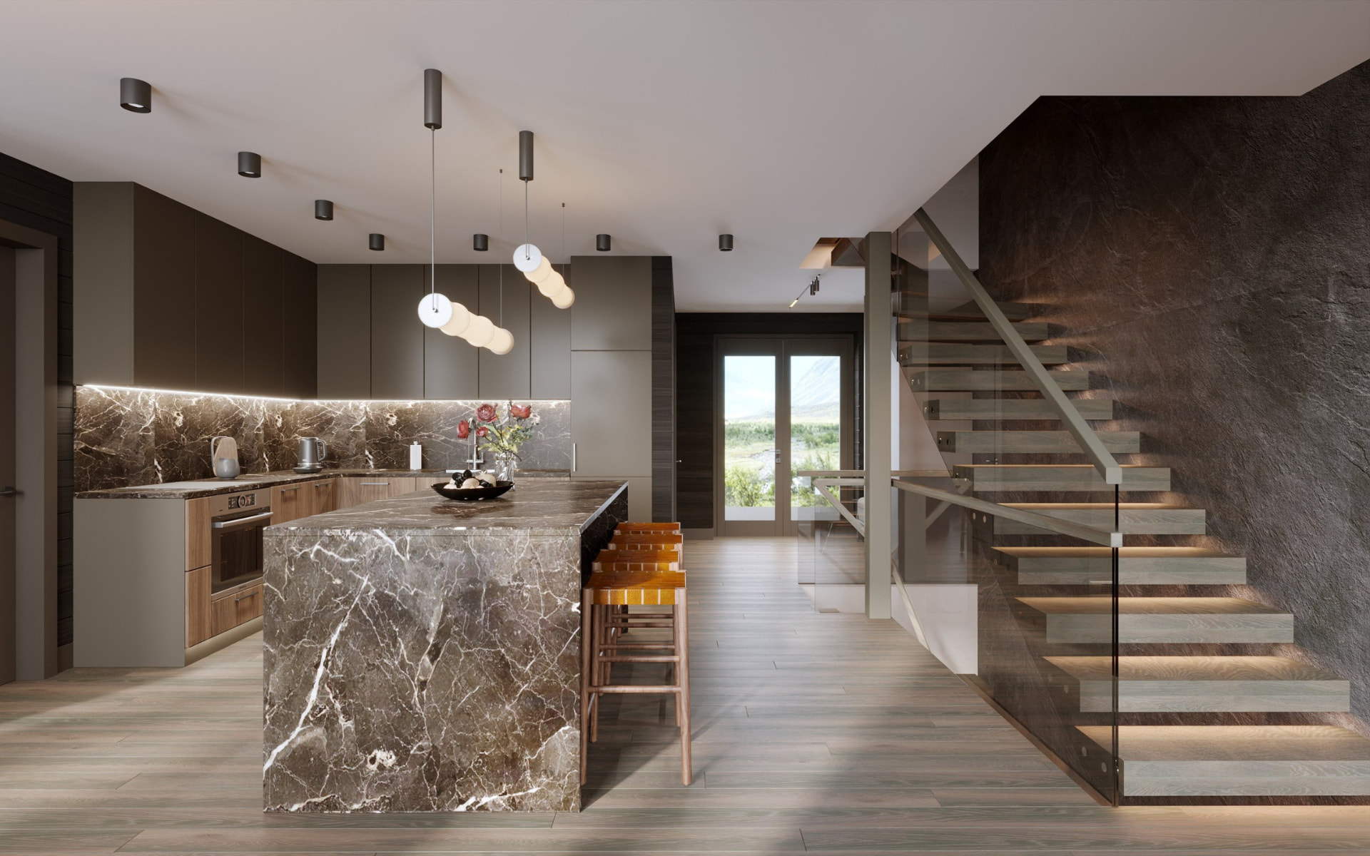 Architectural visualisation of the Fjäll Chic interior — kitchen and staircase