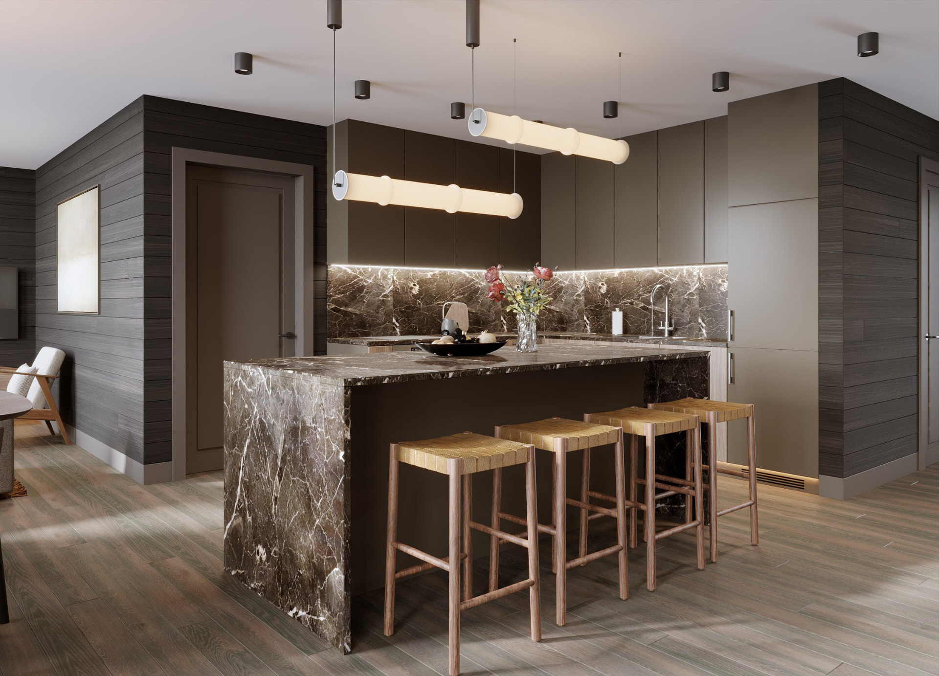 Architectural visualisation of the Fjäll Chic interior — kitchen island