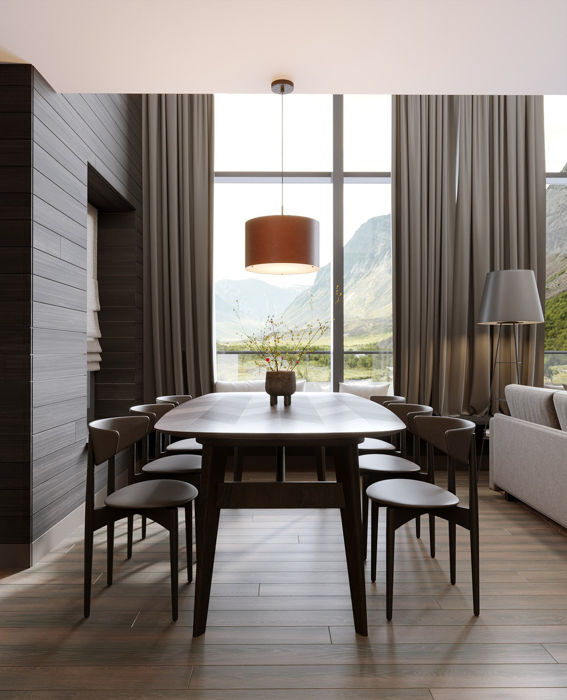 Architectural visualisation of the Fjäll Chic interior — dining corner