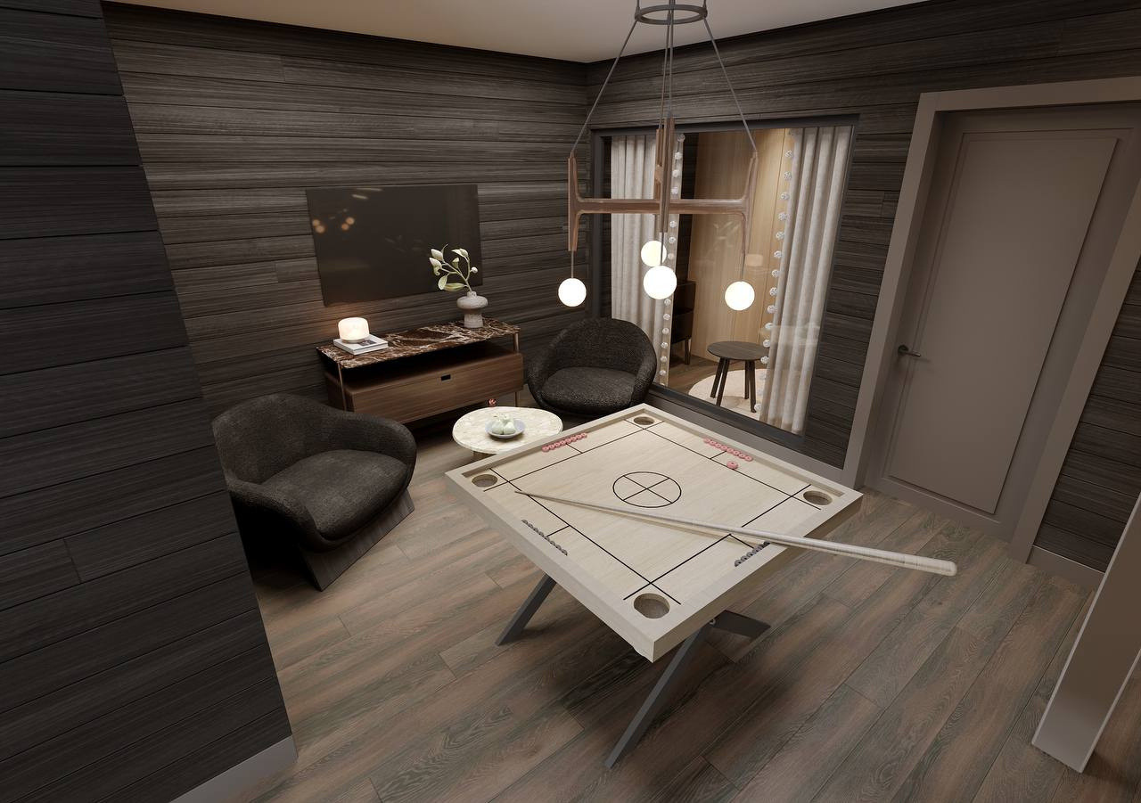Architectural visualisation of the Fjäll Chic interior — recreation room