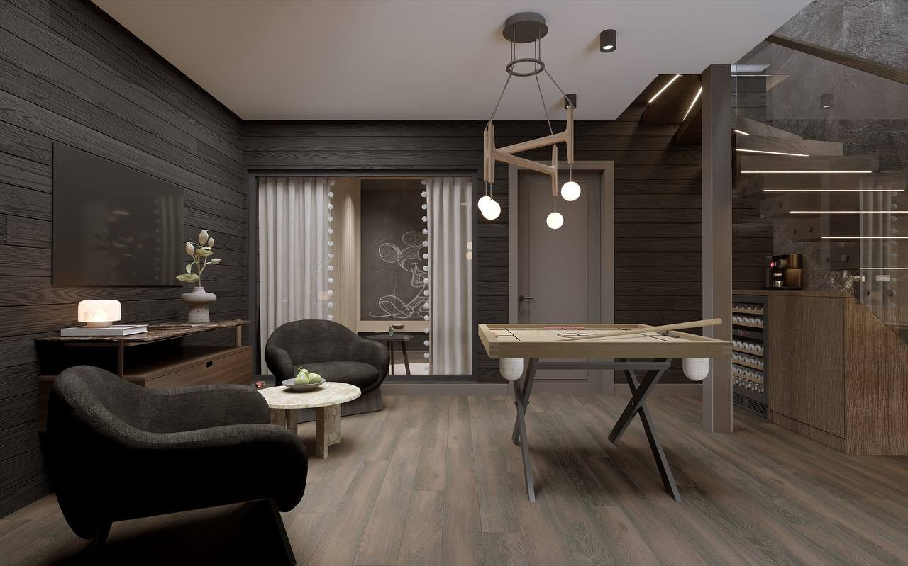 Architectural visualisation of the Fjäll Chic interior — recreation room and stair