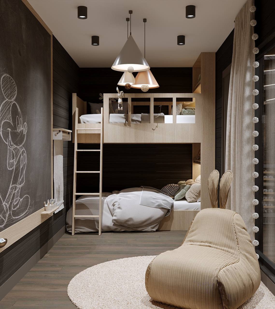 Architectural visualisation of the Fjäll Chic interior — bunk room view 1
